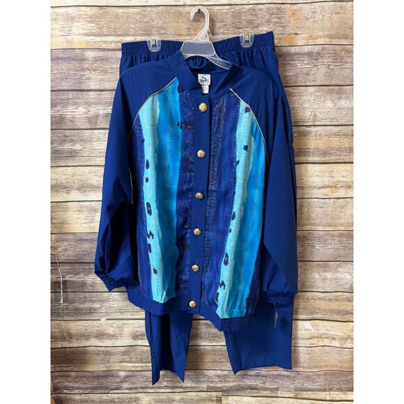 Sport Savvy Mandarin Collar‎ LeChute Jacket Pants Set 2X Blue Abstract Button-Up - Picture 1 of 9